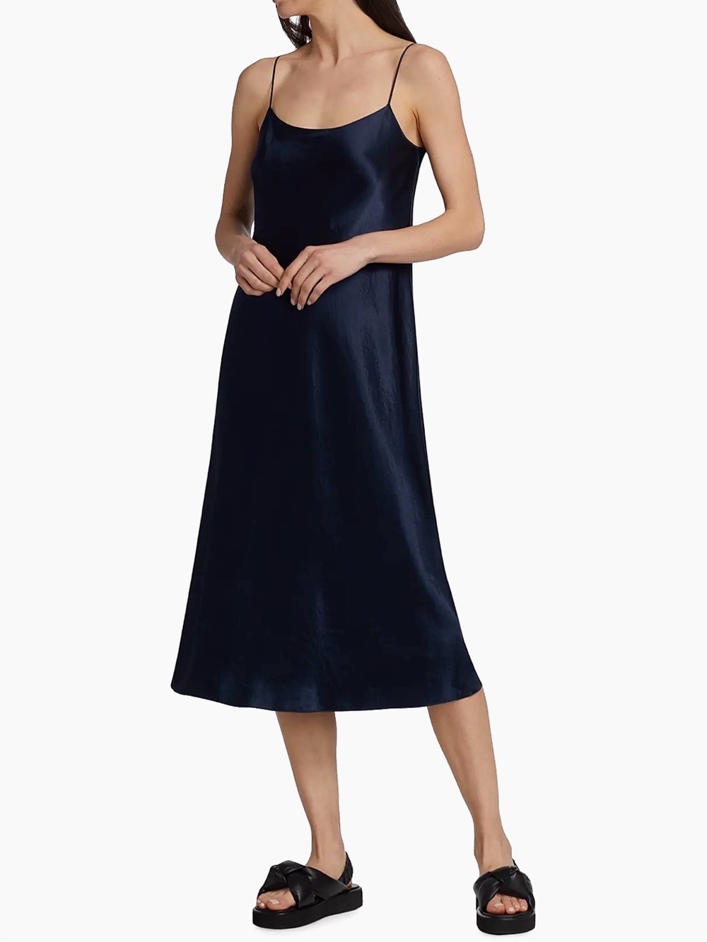 Vince Navy Satin Slip Midi Dress with Spaghetti Straps